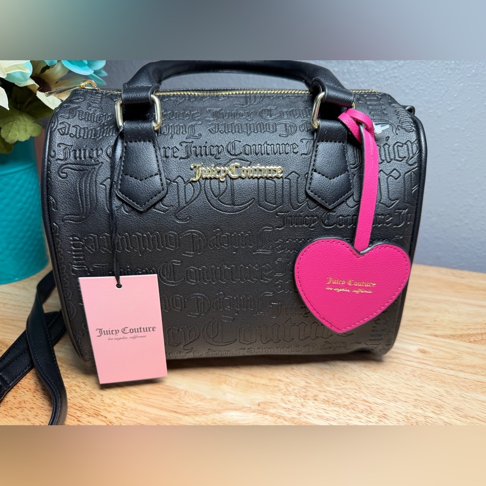NWT Juicy Couture Black Debossed Logo Speedy Satchel with Pink Heart Charm